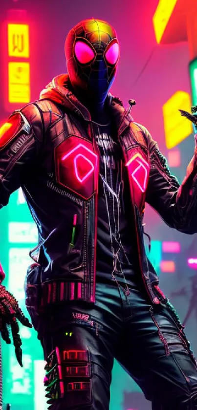 Futuristic hero in neon-lit cyberpunk scene.