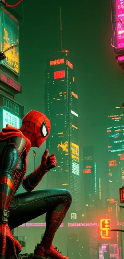 Spiderman overlooks a neon-lit cyberpunk cityscape at night.