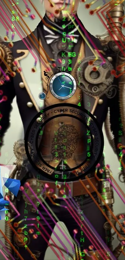 Cyberpunk steampunk fusion wallpaper with gears and digital elements.