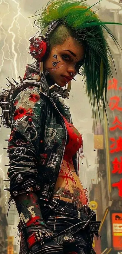 A cyberpunk character with green hair in a futuristic urban setting.