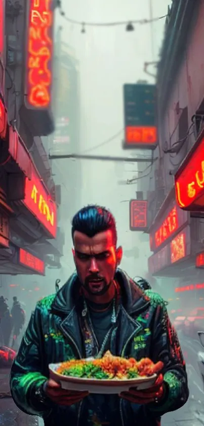 Cyberpunk scene with neon-lit street and man holding food.