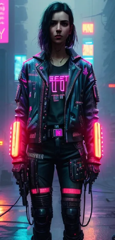 Cyberpunk character in neon-lit street with futuristic fashion.