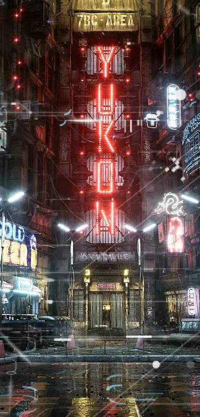 Cyberpunk street with neon lights and futuristic cityscape.