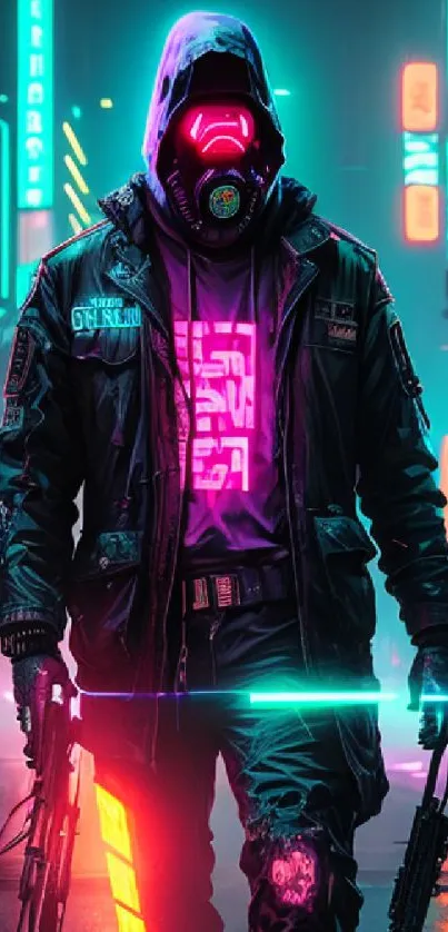 Cyberpunk warrior in neon-lit urban street.