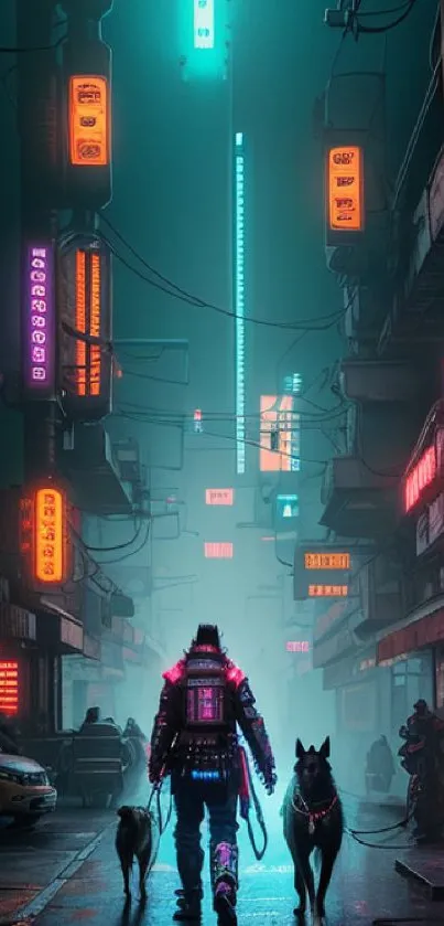 Cyberpunk street with neon lights and futuristic vibe.