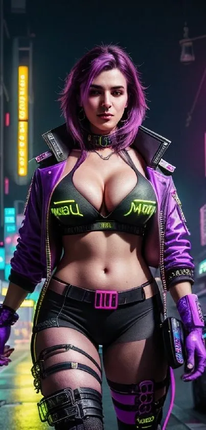 Futuristic cyberpunk woman in neon-lit urban setting.