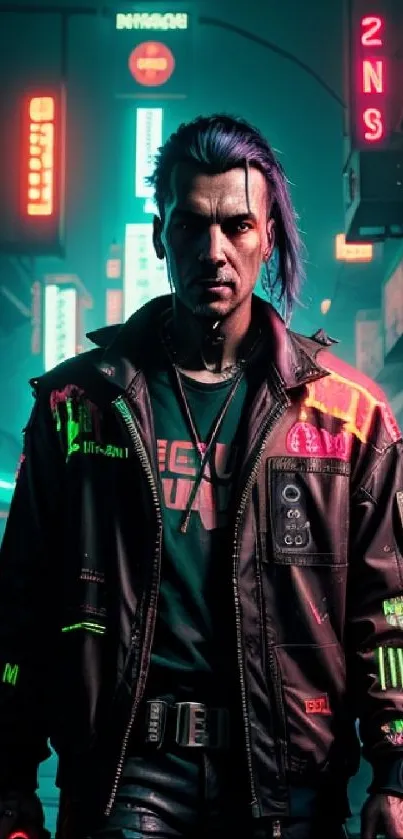 Cyberpunk city street with neon lights and futuristic fashion.