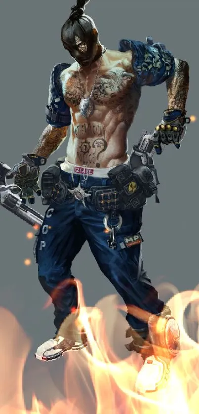 Cyberpunk street warrior with tattoos and futuristic gear on a gray background.