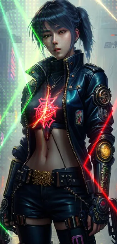 Cyberpunk street warrior in a neon-lit urban scene.