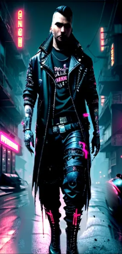 Cyberpunk street warrior with neon lights background.