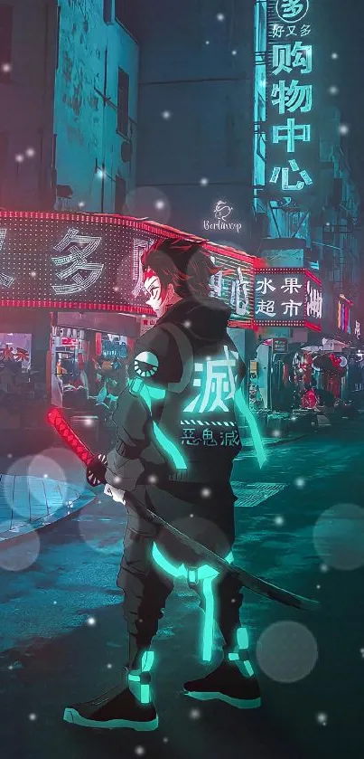 Cyberpunk cityscape with neon lights and character.