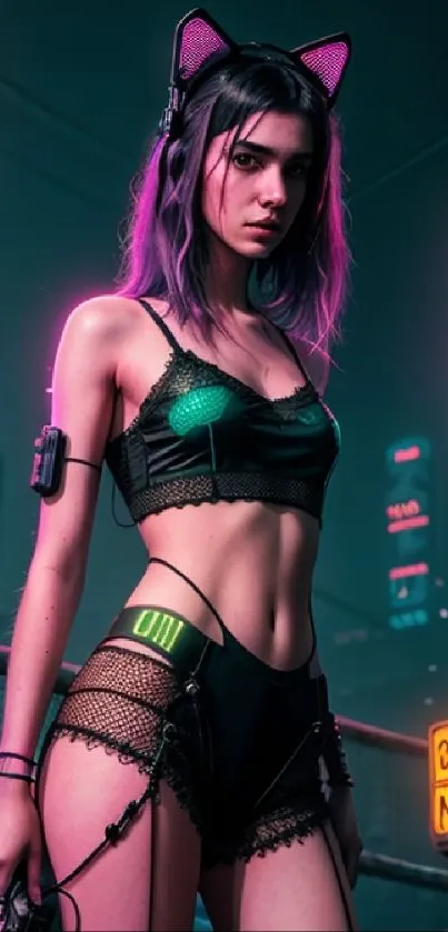 Cyberpunk styled person with neon lights and urban backdrop.