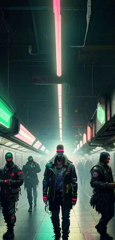 Cyberpunk subway scene with neon lights and mysterious figures.