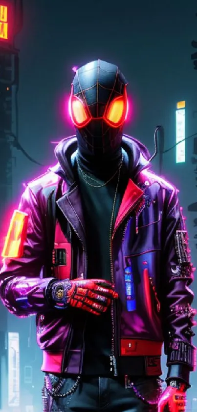 Cyberpunk superhero in neon cityscape with glowing lights.