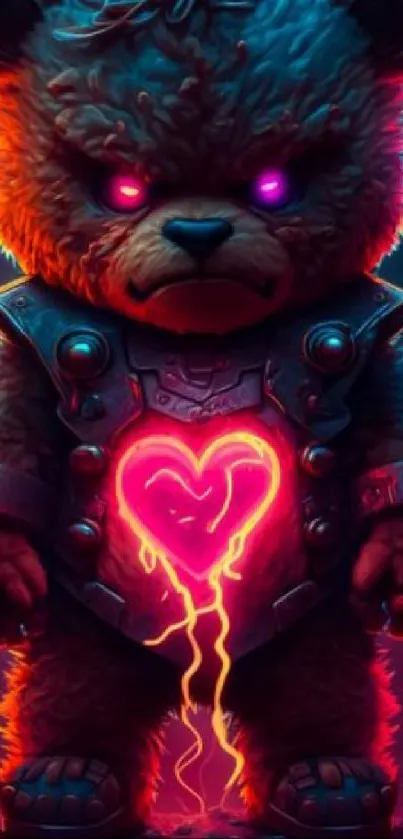 Cyberpunk teddy bear with neon heart design.