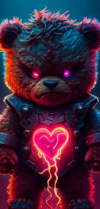 Cyberpunk teddy bear with neon heart glow and futuristic armor.