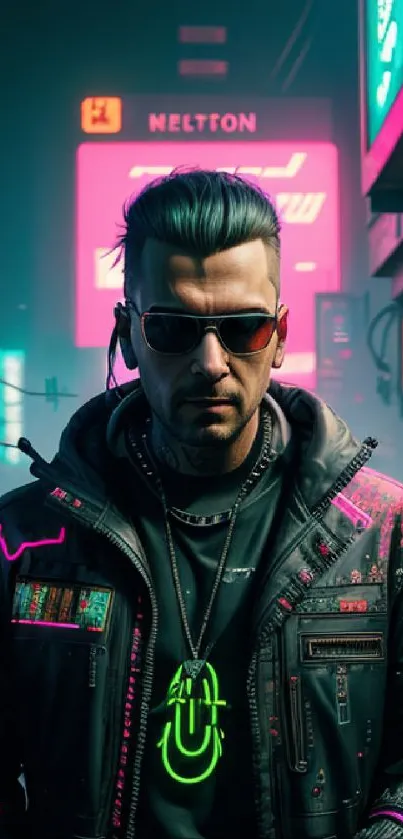 A cyberpunk character in a neon-lit urban setting with vibrant colors.