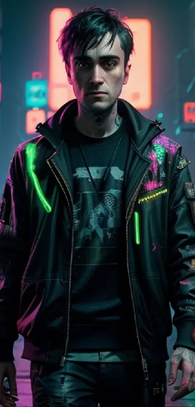 Cyberpunk night scene with neon lights and lone figure in urban landscape.