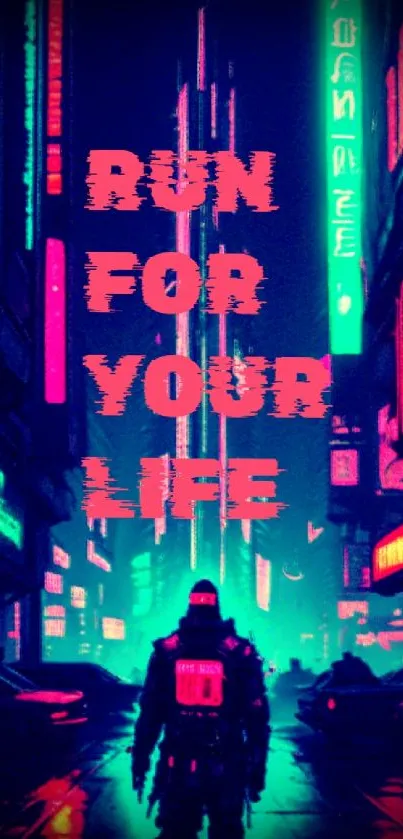 Mysterious figure in neon cyberpunk cityscape with vibrant lights.