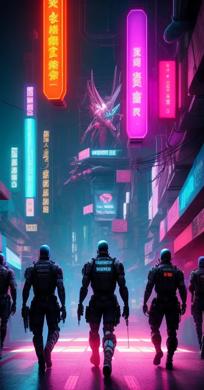 Five figures in futuristic gear walk under neon lights in a cyberpunk city scene.