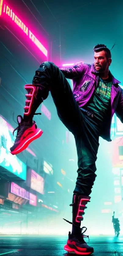 Cyberpunk urban scene with neon lights and futuristic fashion.