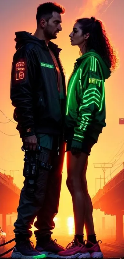 Cyberpunk urban scene at sunset with neon lights and two figures.