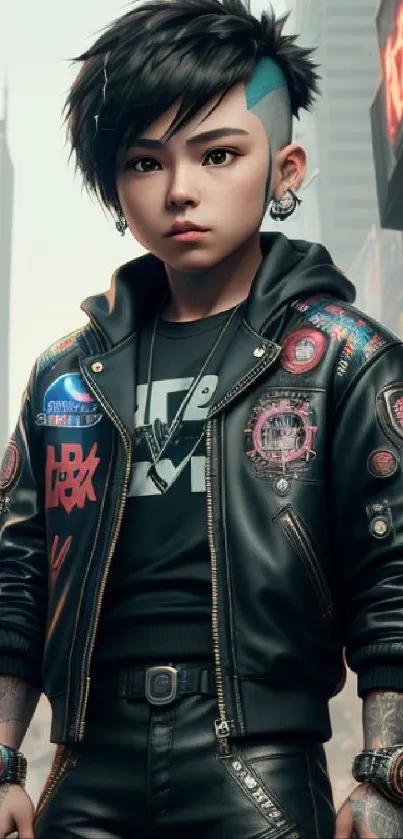 Futuristic teen in a cyberpunk cityscape wearing a black leather jacket.