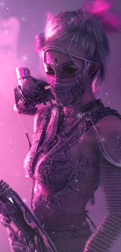 Cyberpunk warrior with neon pink and purple tones, holding a futuristic weapon.