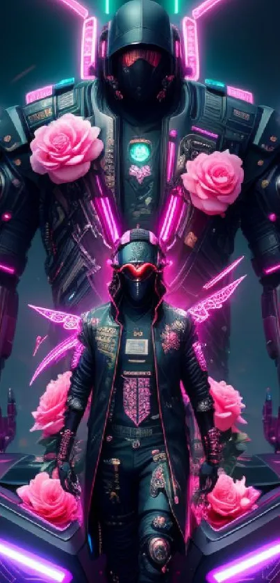 Cyberpunk warrior with neon pink roses in futuristic artwork.