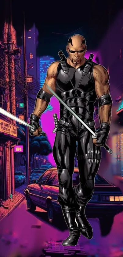 Cyberpunk warrior in neon alley, vibrant and futuristic.