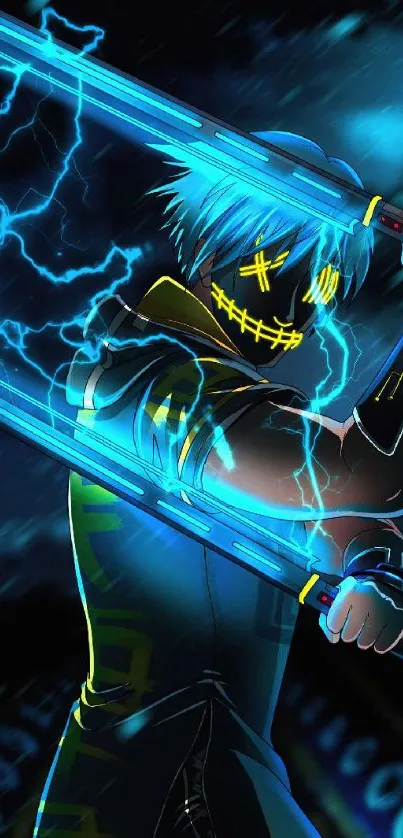 Cyberpunk warrior with blue lightning aura and neon swords.