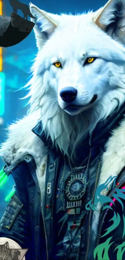 Cyberpunk wolf with neon lights in futuristic cityscape.