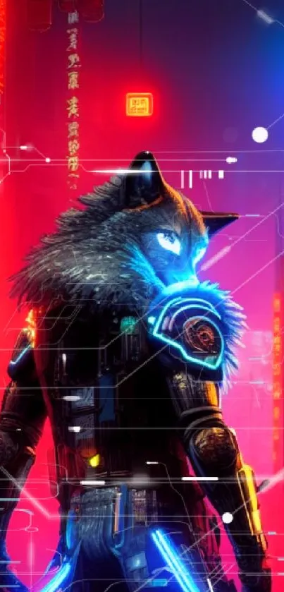 Futuristic wolf stands in neon-lit cyberpunk cityscape.