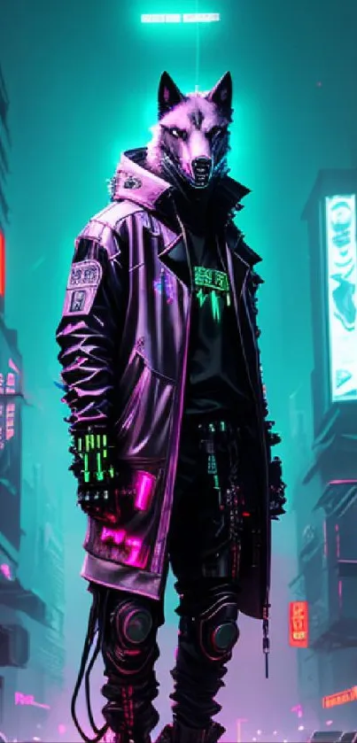 Cyberpunk wolf in a neon cityscape, with vibrant lights and futuristic design.