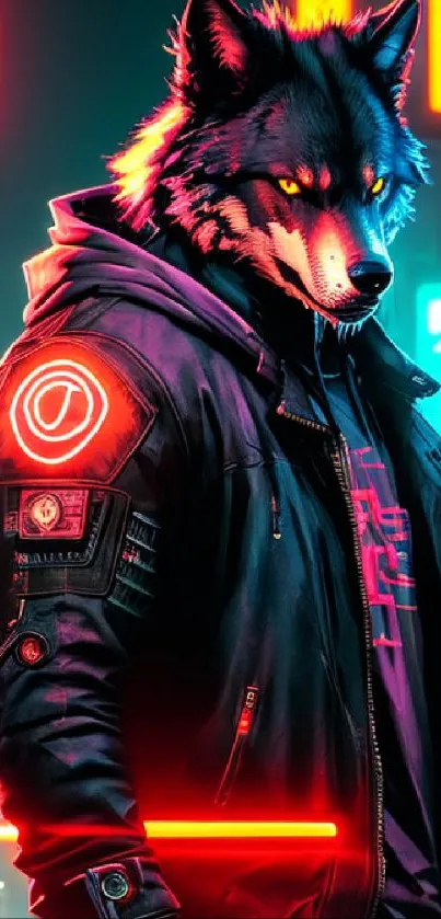 Cyberpunk wolf in neon lights with orange and blue hues.