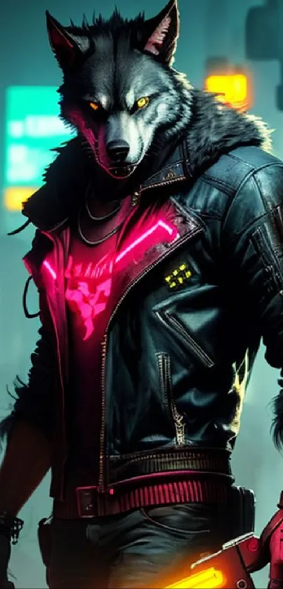 Cyberpunk wolf in a neon-lit urban scene with a futuristic vibe.