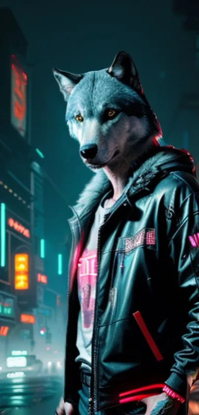 Cyberpunk wolf character in neon-lit street scene.