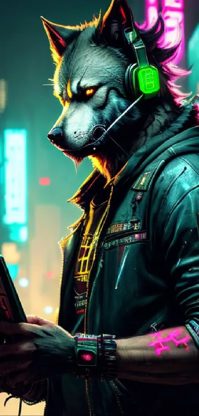 Cyberpunk wolf in a neon-lit city, holding a device.