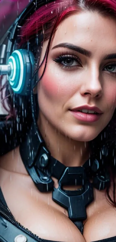 Cyberpunk woman with headphones and vibrant colors in rain.