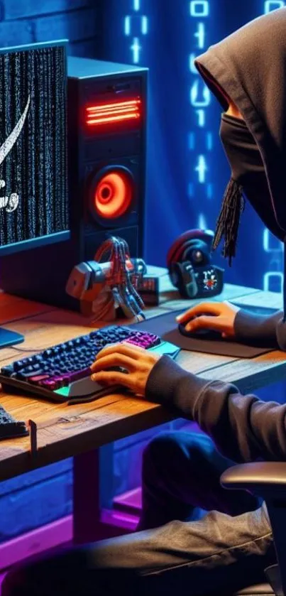 Hacker at computer with LED lights in cyberpunk theme.