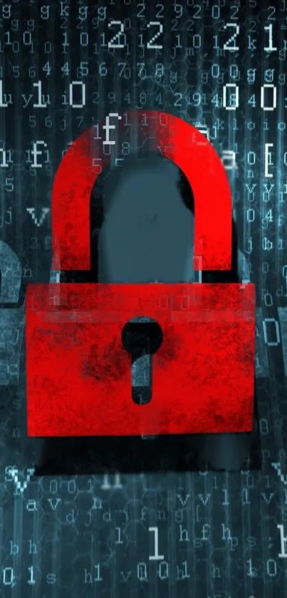 Red lock with digital code background, cybersecurity theme.