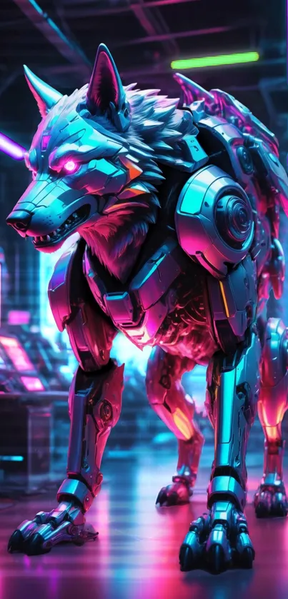 Cyberpunk wolf in neon colors and futuristic setting.