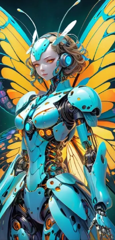 Futuristic cyborg with butterfly wings in vivid art.