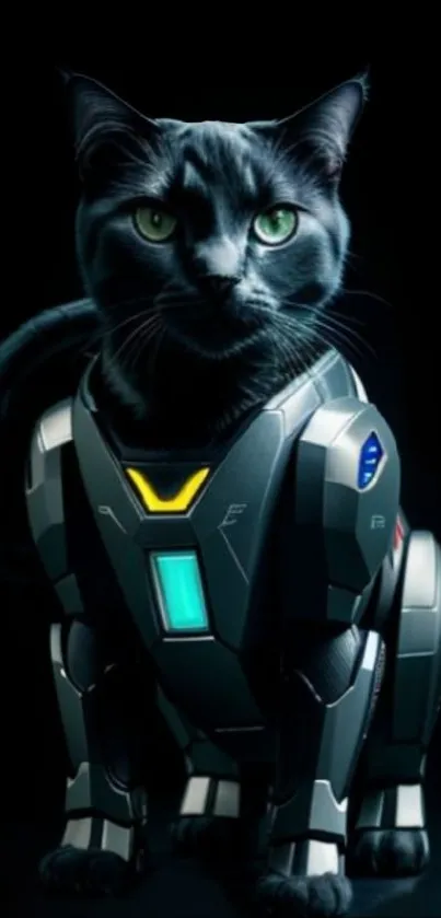 Futuristic cyborg cat with neon accents and dark background.