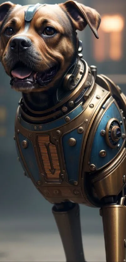 A futuristic cyborg dog with a metallic robotic design in a modern setting.