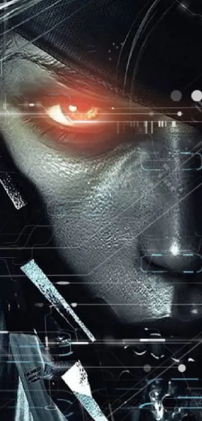 Futuristic cyborg face with glowing eye wallpaper.