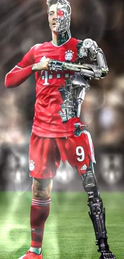 Cyborg soccer player art with vivid red design.