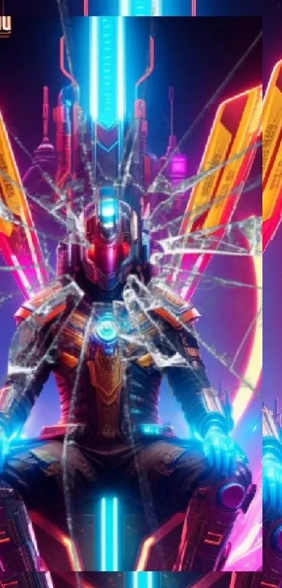 Cyborg on neon throne with vibrant colors and futuristic design.
