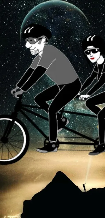 Surreal art of cyclists riding through a starry cosmic night sky.