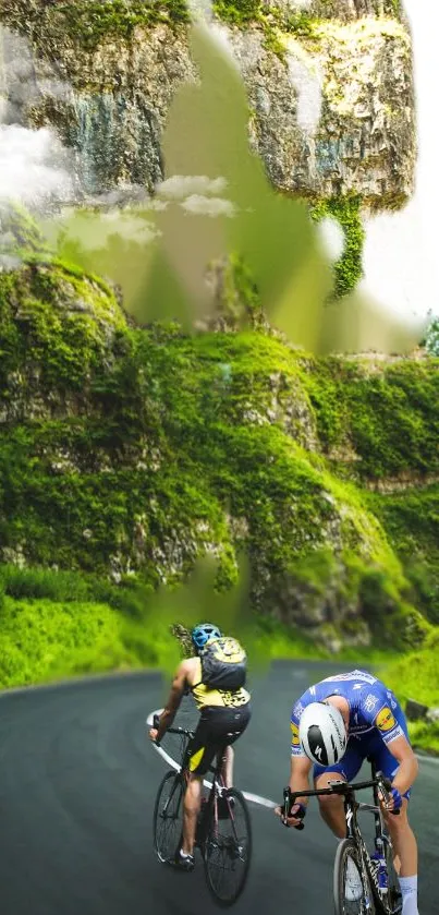 Cyclists riding through lush green mountain landscape.